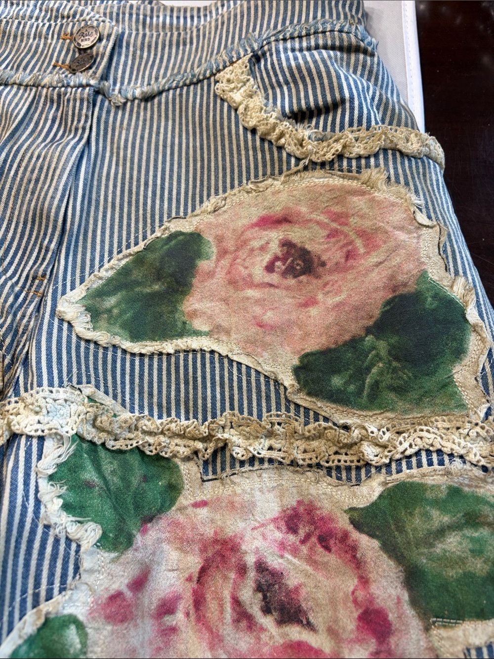 NWT A RARE BIRD Bohemian Vintage Rose Ticking High Waist Lace Denim Blue Stripe - Picture 9 of 16